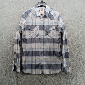 Levis Shirt Mens Medium Blue Plaid‎ Modern Fit Western Pearl Snap Double Pockets